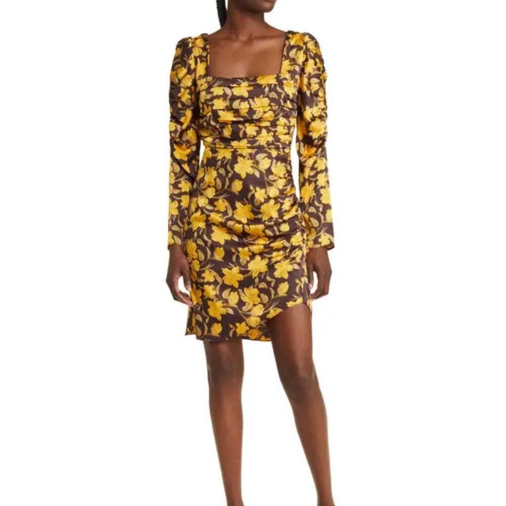 NWOT Floret Studios Floral Shirred Satin Mini Dress XS Brown Yellow Long Sleeve